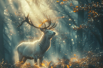 A white stag with antlers that branch into tree-like limbs, connecting the earth to the sky in a mystical forest,