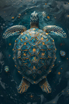 A turtle with a shell patterned like an intricate mandala, carrying the world on its back as it travels through cosmic oceans,