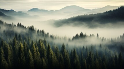 misty landscape of a pine forest , panorama