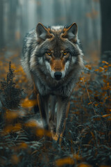 Fototapeta premium A spirit wolf enveloped in swirling mist, its eyes glowing with ancient wisdom, guiding a path through an ethereal forest,