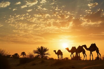 Camels silhouetted against a Dubai, breathtaking view of a camel caravan riding through the desert at sunset, Ai generated
