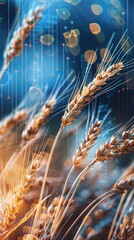 Naklejka premium Wheat ears with digital financial graphics, symbolizing agricultural economics and commodity markets.