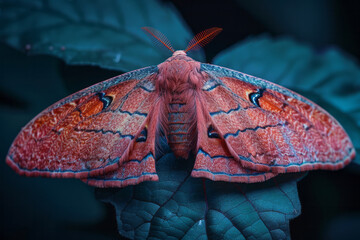 A deep burgundy moth resting quietly on a leaf at night, wings enveloping its body, symbolizing secrecy and protection,