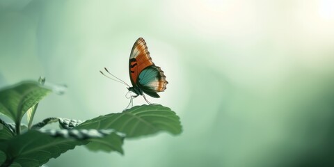 A solitary butterfly with orange and black wings rests on a vibrant green leaf, with a soft-focus...