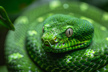 Obraz premium A deep green snake coiled tightly, eyes piercing, demonstrating focus or intense concentration,