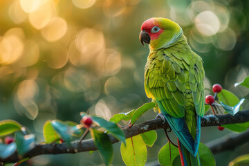 A bright green parrot chattering loudly from its perch, feathers ruffled in excitement,