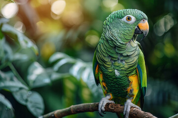 Fototapeta premium A bright green parrot chattering loudly from its perch, feathers ruffled in excitement,