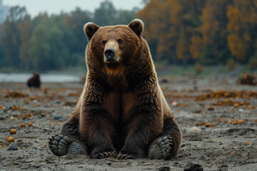Obraz premium A russet brown bear sitting heavily on the ground with a somber expression, depicting weariness or disappointment,