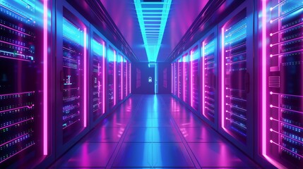Futuristic data center with rows of servers illuminated by neon lights in pink and blue. High-tech concept