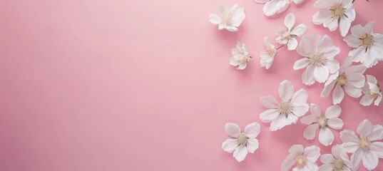 White Cosmos Flowers on Pink Pastel Background