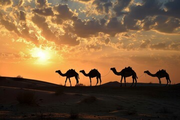 Camels silhouetted against a Dubai, breathtaking view of a camel caravan riding through the desert at sunset, Ai generated