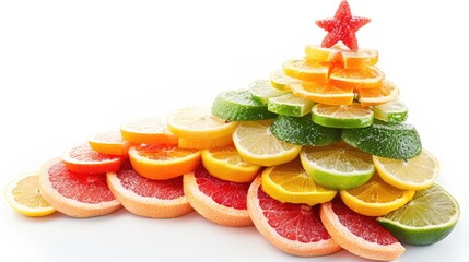 Christmas tree-shaped arrangement crafted from vibrant citrus fruits, standing out against a pristine white background, evoking holiday cheer and freshness.