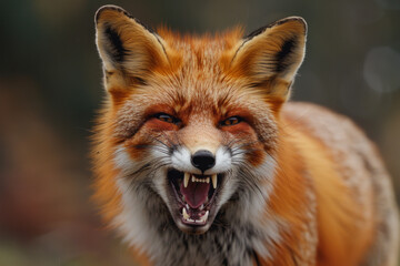 Fototapeta premium A fiery red fox with fur bristled and teeth bared, standing aggressively to convey anger,