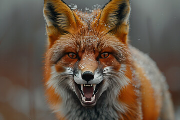 Fototapeta premium A fiery red fox with fur bristled and teeth bared, standing aggressively to convey anger,