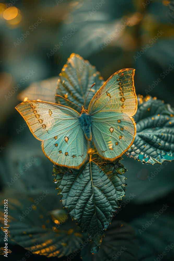 Poster A jungle creature with wings made of leaves, blending perfectly into the canopy while resting and flying,