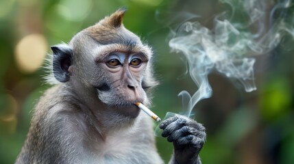 Macaque monkey smoking a cigarette, close-up portrait. - obrazy, fototapety, plakaty