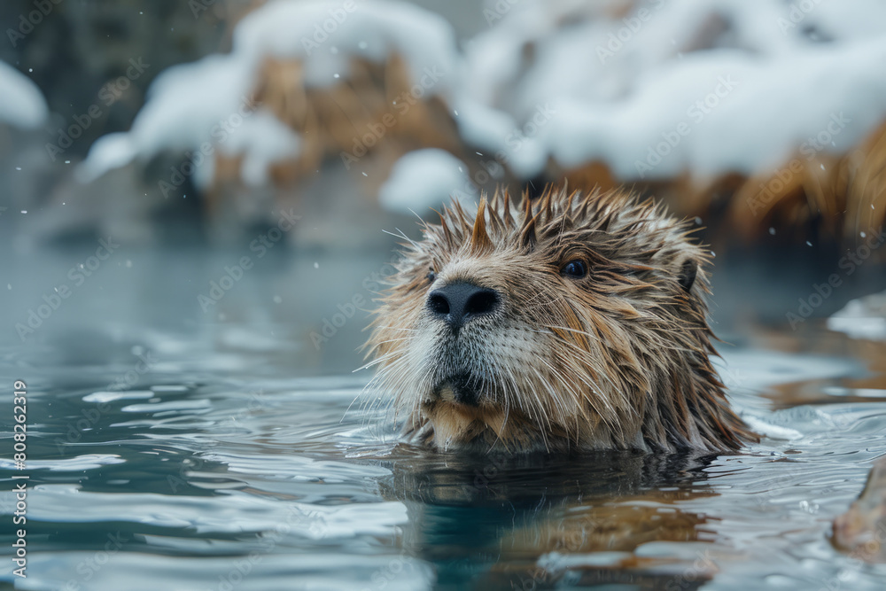 Poster a mammal with a super-hydrophobic coat that allows it to swim in boiling hot springs without getting