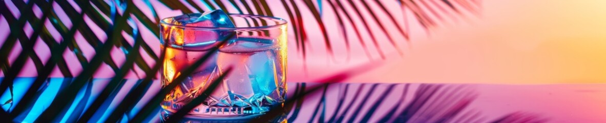 Ice-filled glass under pink and blue lights with palm shadows. Studio still life photography with vibrant colors