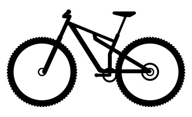 Mountain bike silhouette. Sport bike logo for bicycle workshop. Mountain bike with shock absorbers and studded tires for cross-country riding. Bicycle race.