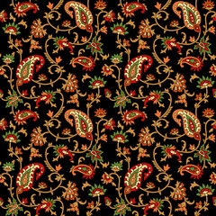 Seamless floral paisley pattern on black background, Colorful paisley print