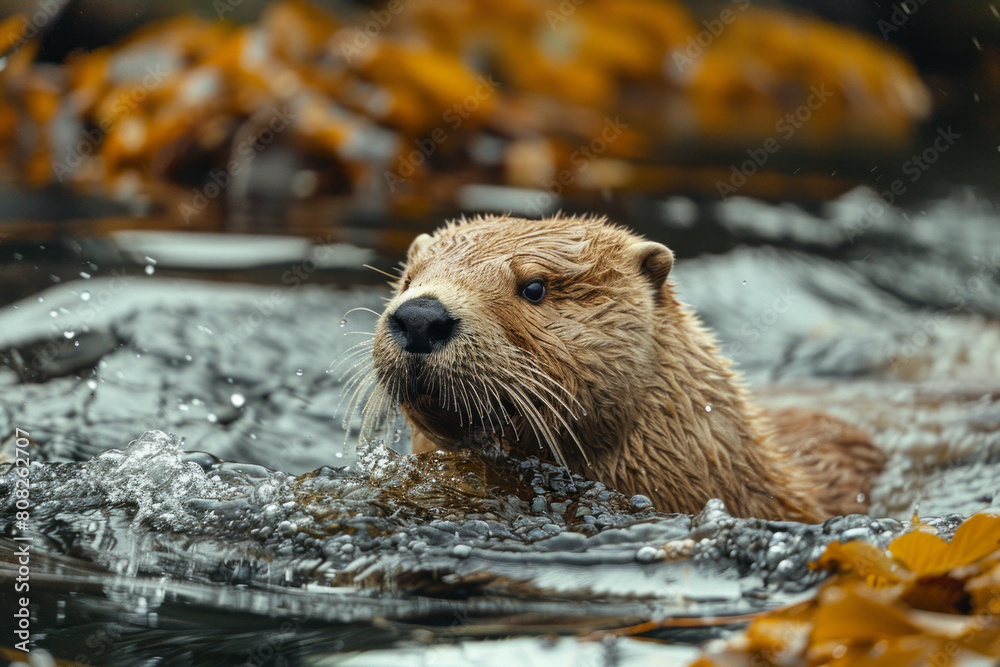 Poster an aquatic mammal with sponge-like fur that filters and cleans water as it swims in a polluted ocean