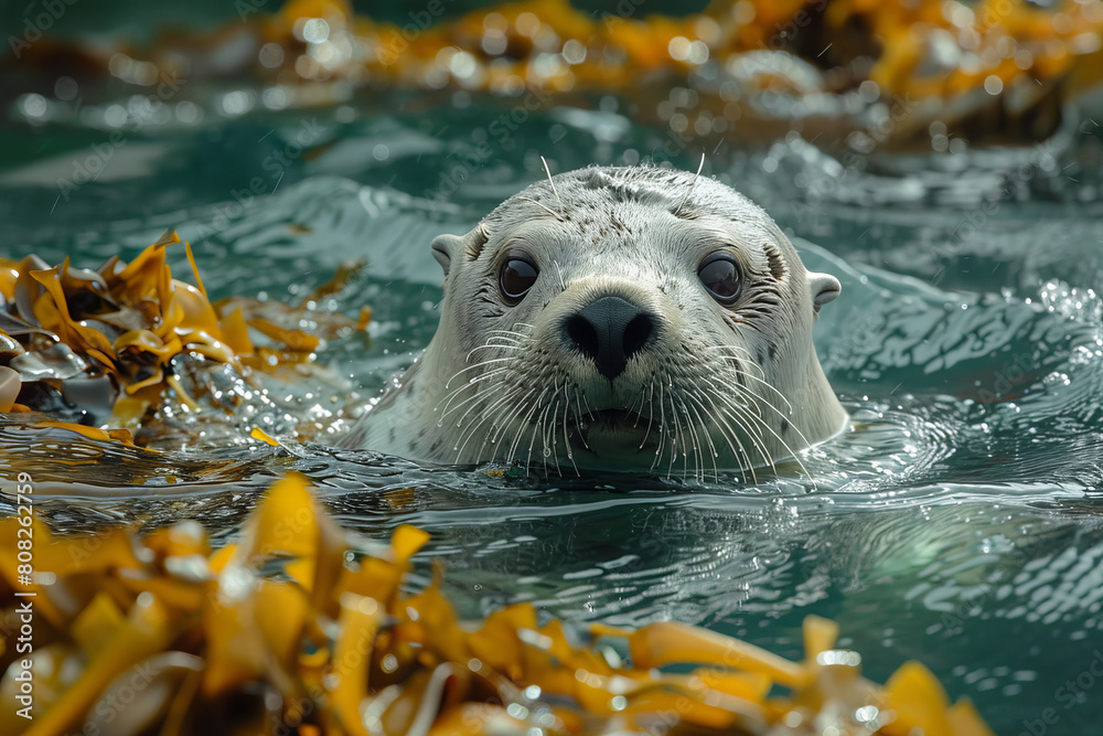 Poster an aquatic mammal with sponge-like fur that filters and cleans water as it swims in a polluted ocean