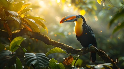 Fototapeta premium Vibrant Toucan Perched on Tree Branch in Lush Amazon Rainforest Jungle