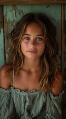 Fototapeta premium portrait young girl top ocean eyes cute freckles deep tan skin necromancer aged insanely aussie model bronze skinned adorable profile pic