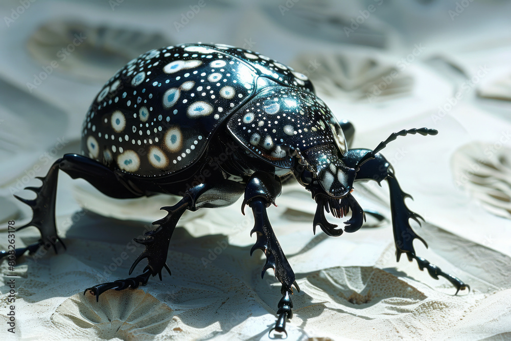 Poster A beetle with a shell that reflects complex mandala patterns, each movement changing the reflected designs,