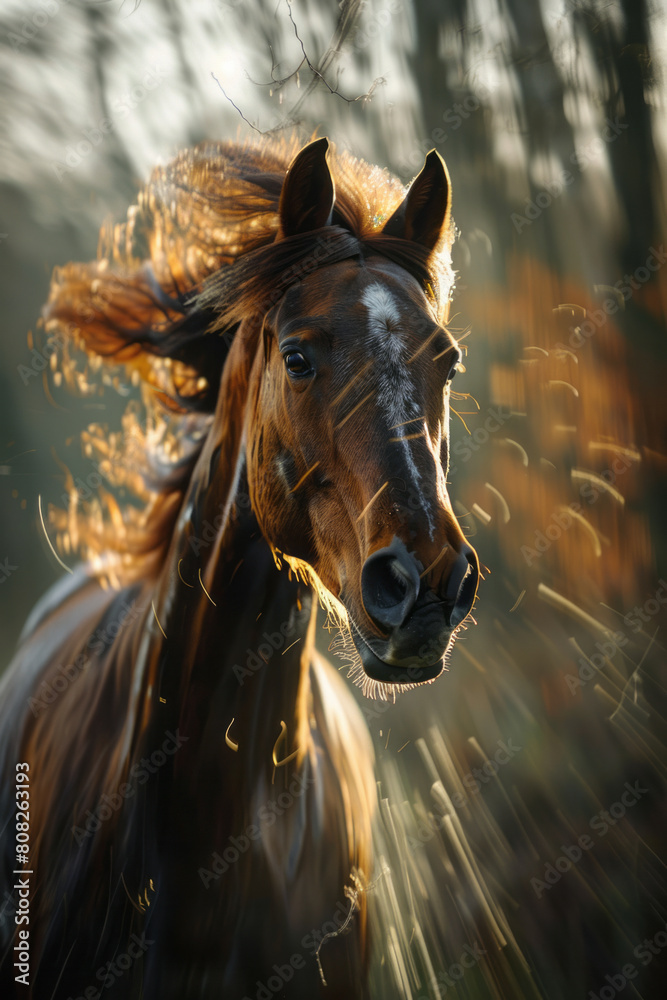 Poster A horse with a mane and tail that flow like paint on a canvas, blending into wild, abstract patterns as it gallops,