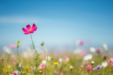 Single bright pink flower standing out in a colorful field under a clear blue sky, representing biodiversity. International Day for Biological Diversity