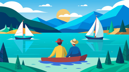 A middleaged couple taking a leisurely ride along a picturesque lake admiring the crystal clear water and the colorful sailboats passing by..