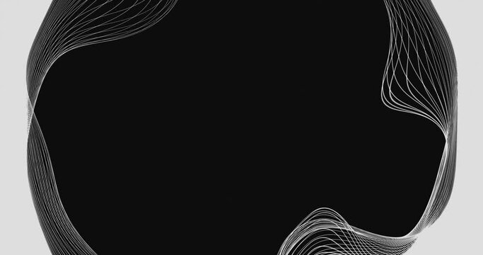 Abstract kinetic wavy thin circle lines seamless looped animation background. Bright white colors waving animated circle outlines over black color background .