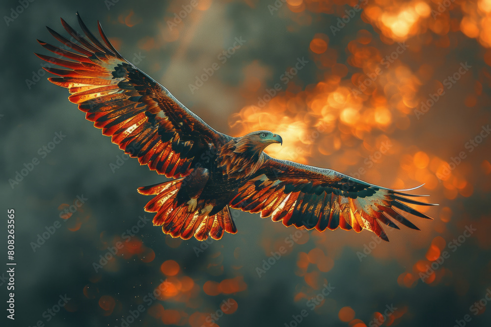 Poster an eagle in flight, its feathers a spectrum of flames, leaving a trail of color in the sky as it soa
