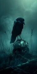 Naklejka premium blackbird sitting top skull grass highly moody color thrones death corruption necromancy raven standing wasteland blue blood realms