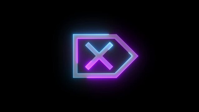 Neon delete key button icon cyan purple color glowing animated black background