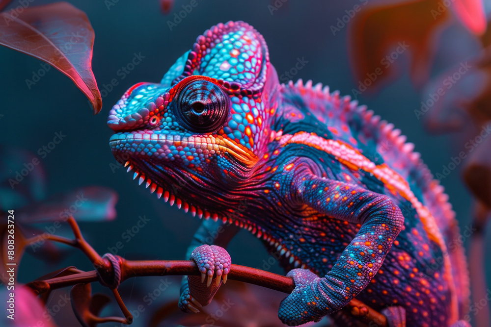 Poster A chameleon on a branch, its skin changing through a dazzling array of geometric shapes and intense colors,