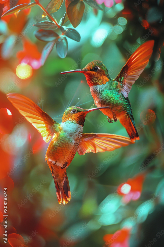 Poster a pair of hummingbirds, their wings beating so fast they blur, creating a prism of colors around the