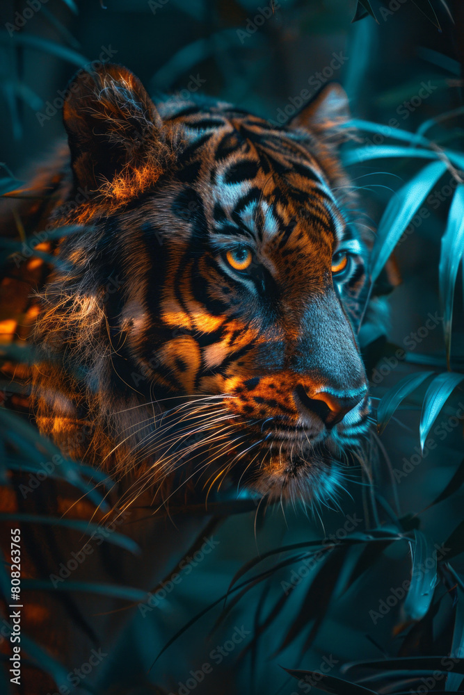 Poster A tiger whose stripes pulse and change colors, blending into a jungle background that itself seems alive and moving,
