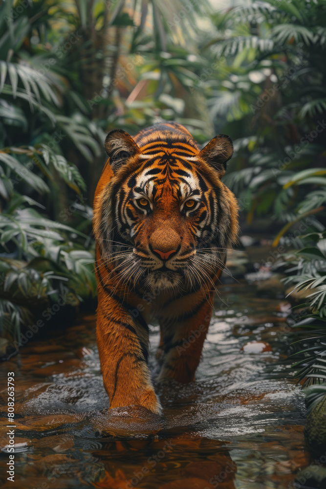 Leinwandbilder a tiger whose stripes pulse and change colors, blending into a jungle background that itself seems a