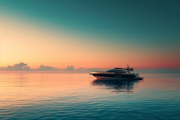 A sleek yacht rests in still waters at dawn, under a sky painted with soft orange hues