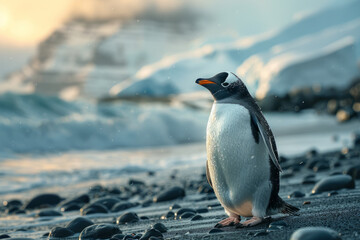 Fototapeta premium A penguin with feathers that glisten like fresh snow and icicles, waddling on an icy shore by the Antarctic seas,