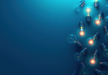 Light bulbs with glowing filaments on a blue background, some turned off.