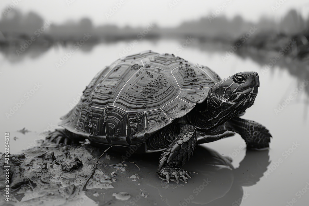 Poster A turtle whose shell patterns reflect the layered strata of the earth, crawling slowly along a muddy riverbank,