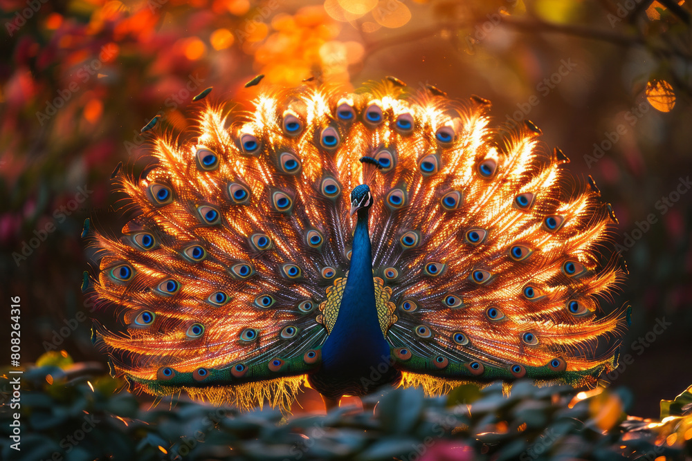 Aufkleber a peacock displaying feathers that shimmer with the fiery reds and oranges of a sunset, attracting m
