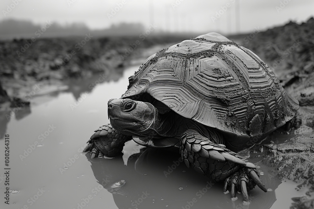 Poster A turtle whose shell patterns reflect the layered strata of the earth, crawling slowly along a muddy riverbank,