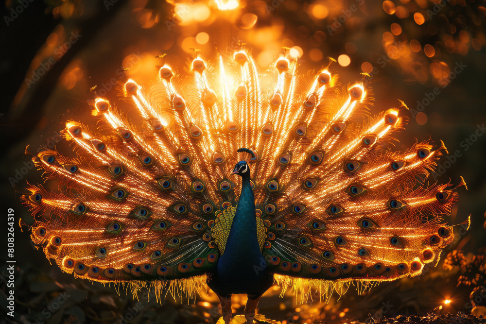 Poster A peacock displaying feathers that shimmer with the fiery reds and oranges of a sunset, attracting mates in a lush garden,