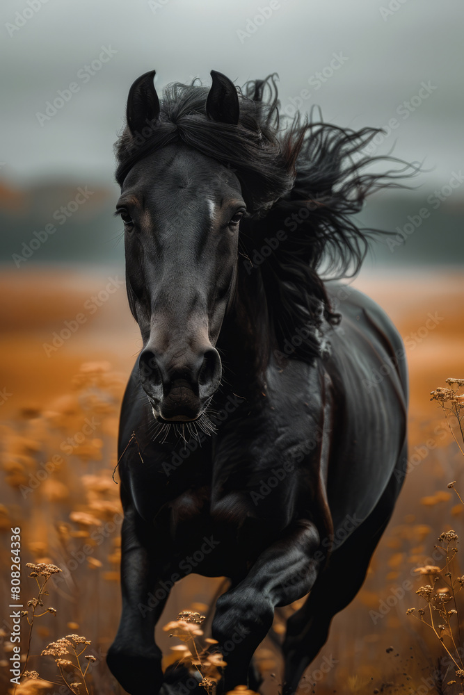 Poster a stallion with a mane and tail that crackle with static electricity, galloping across a stormy fiel