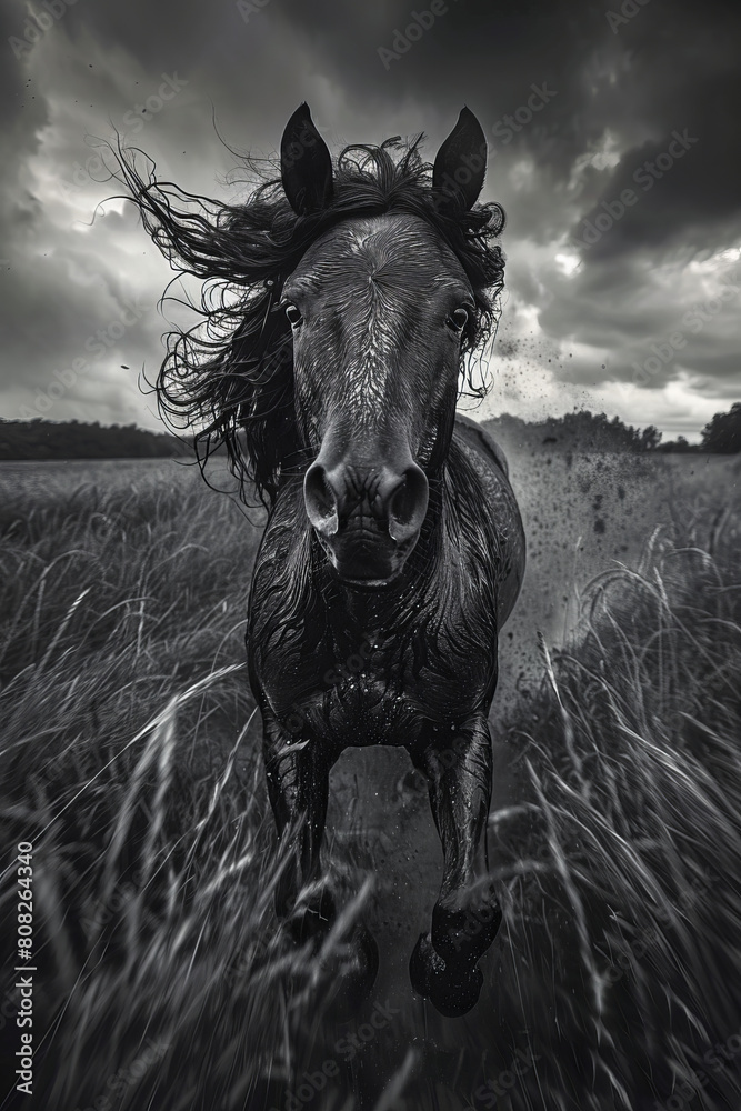 Poster a stallion with a mane and tail that crackle with static electricity, galloping across a stormy fiel