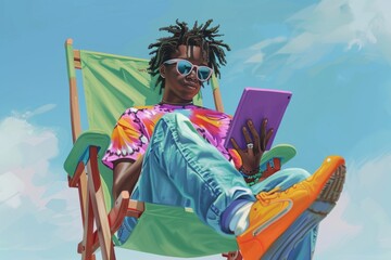A young adult enjoying a relaxed reading session on a colorful beach chair under the bright summer sky